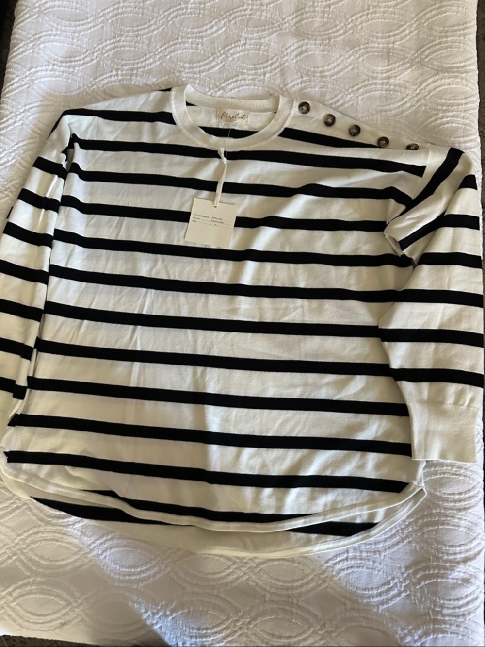 Marled Black and White Striped Crewneck Sweater with Shoulder Buttons